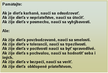 Textov pole: Pamtajte:Ak je diea karhan, nau sa odsudzova.Ak ije diea v nepriatestve, nau sa toi.Ak ije diea v posmechu, nau sa vyhbavosti.Ale:Ak ije diea povzbudzovan, nau sa smelosti.Ak ije diea v tolerancii, nau sa trpezlivosti.Ak ije diea v poctivosti nau sa by spravodliv.Ak ije diea s pochvalou, nau sa hodnoti seba i inch.Ak ije diea v bezpe, nau sa veri.Ak ije diea  obklopen priatestvom, 